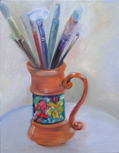 Still Life Ptg with Florentine Mug brush holder, oil on canvas board. ©Nanci Hersh