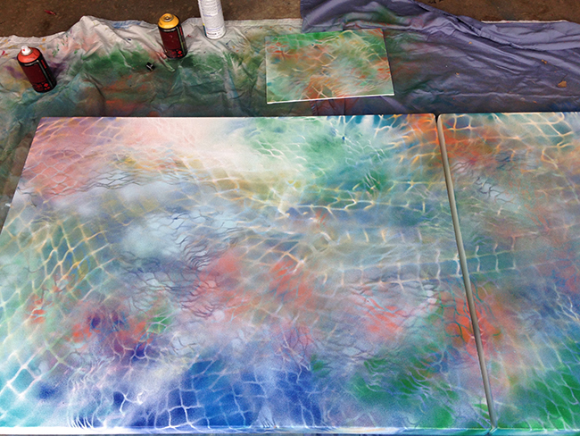 net patterns on canvas with spray paint by Nanci hersh